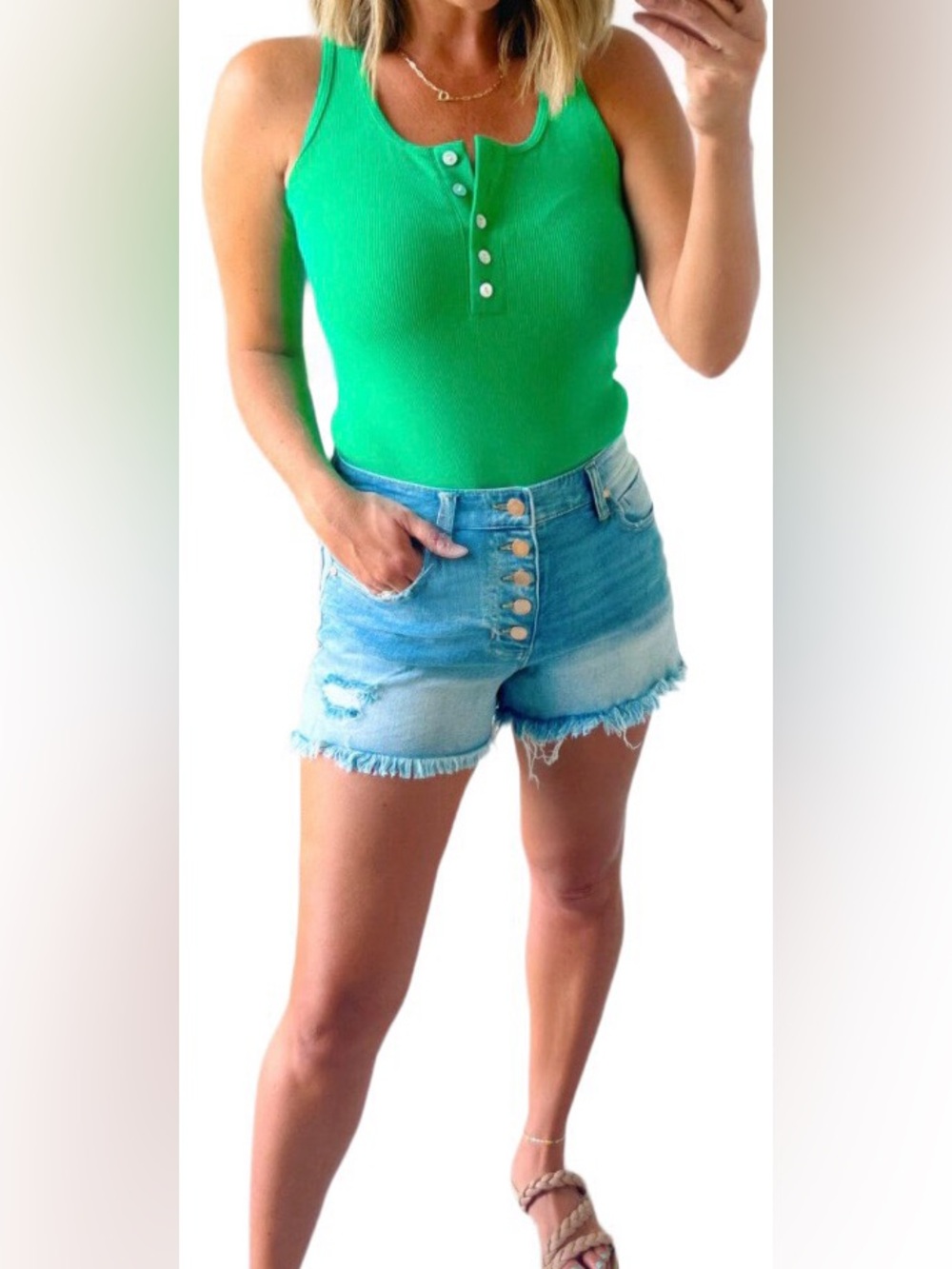 NWT REORIA GREEN TANK BODYSUIT - Ribbed, Scoop Neck, Button Front